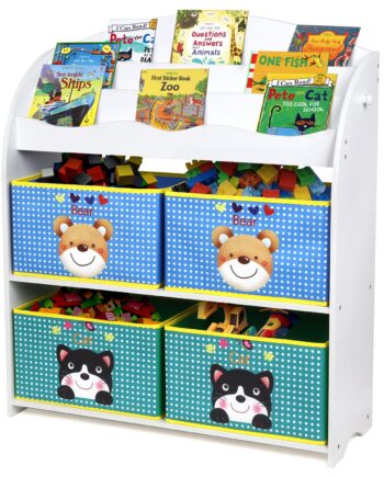 HOMFA Kinder Aufbewahrungsregal Bücherregal Kinderregal Spielzeugaufbewahrungregal Spielzeugkiste Kinderkommode mit 4 faltbarer schubladen, Motiv(Bär und Katze)