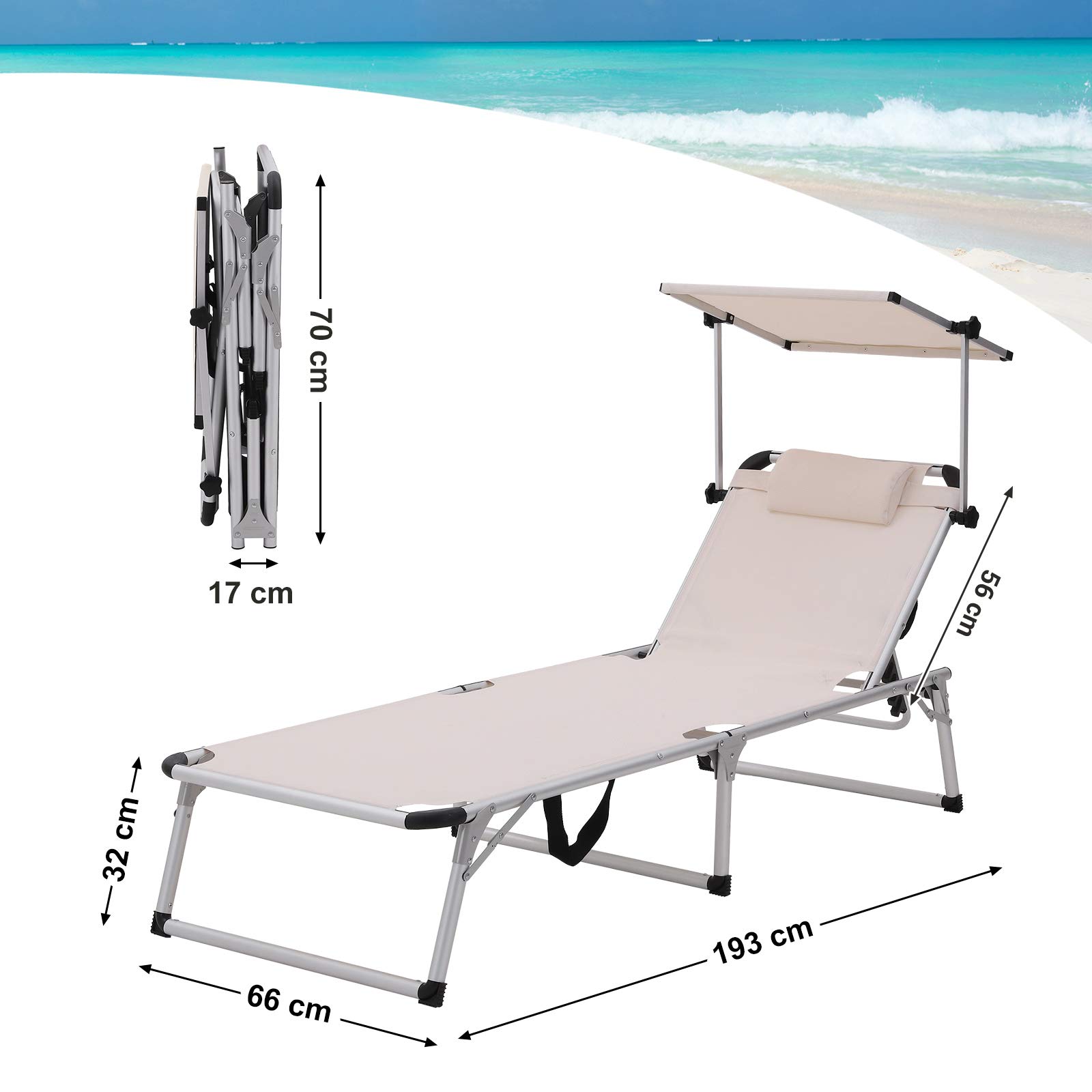 SONGMICS Sonnenliege aus Aluminium, klappbarer Liegestuhl, 193 x 67 x 32 cm, 250 kg max. statische Belastbarkeit, Kunstfasergewebe, Kopfkissen abnehmbar, Sonnendach verstellbar GCB19BEV2 - obrazek 3