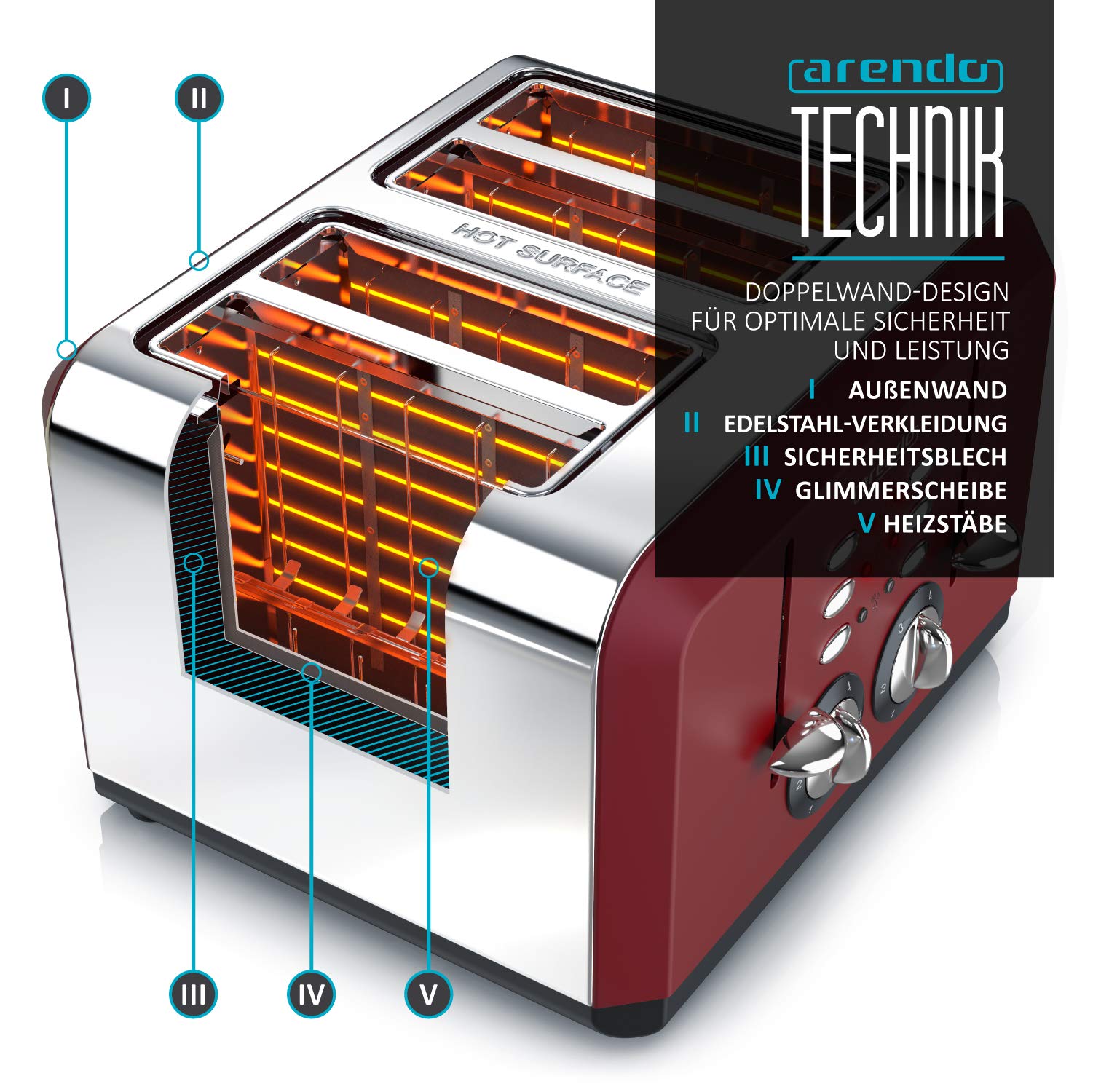 Arendo - Automatik Toaster 4 Scheiben | Edelstahlgehäuse | bis zu vier Sandwich und Toast-Scheiben | Bräunungsgrad 1-6 | Aufwärm- und Auftaufunktion | Krümelschublade | GS-zertifiziert | rot - obrazek 4