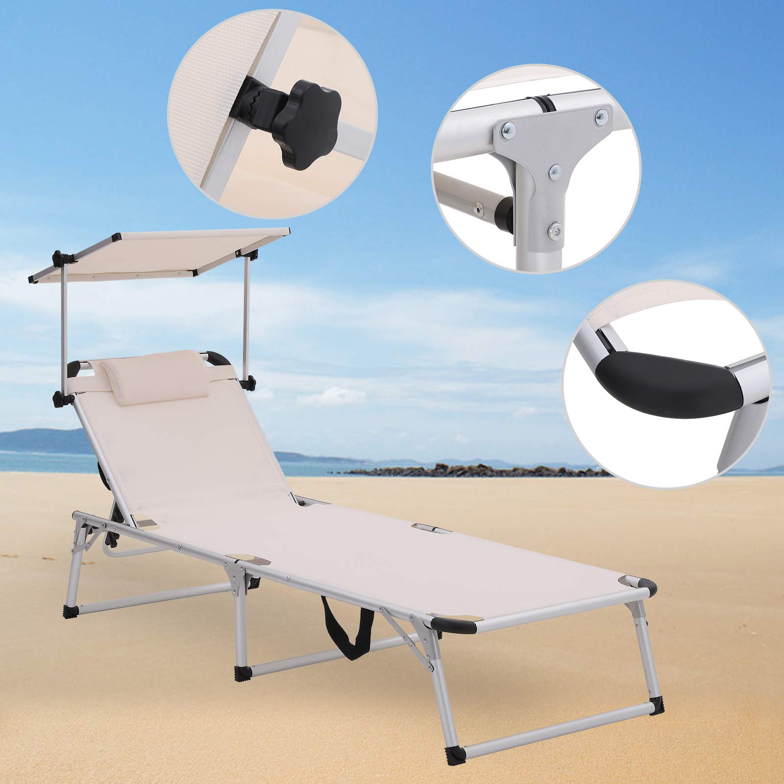 SONGMICS Sonnenliege aus Aluminium, klappbarer Liegestuhl, 193 x 67 x 32 cm, 250 kg max. statische Belastbarkeit, Kunstfasergewebe, Kopfkissen abnehmbar, Sonnendach verstellbar GCB19BEV2 - obrazek 5