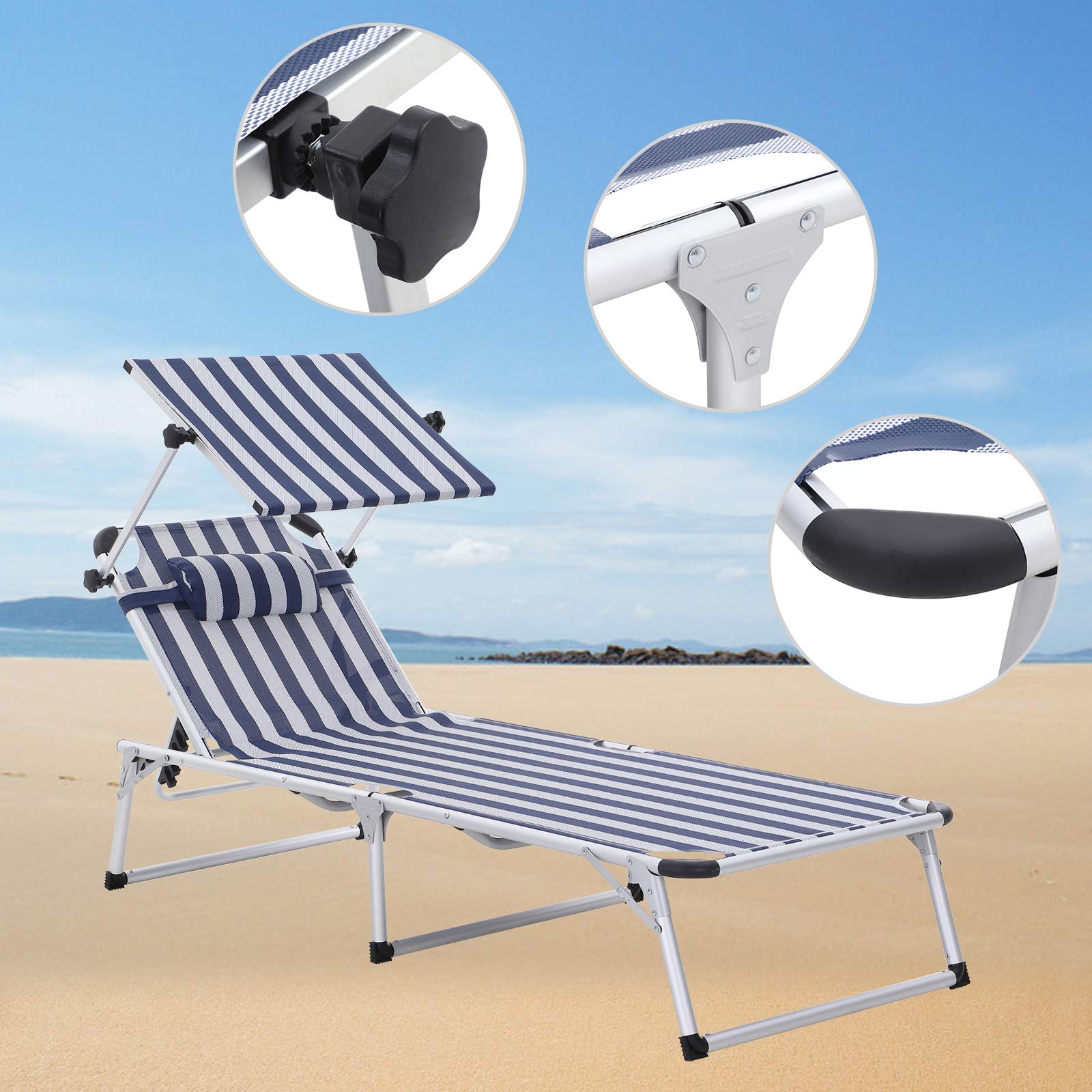 SONGMICS Sonnenliege aus Aluminium, klappbarer Liegestuhl, 193 x 67 x 32 cm, 250 kg max. statische Belastbarkeit, Kunstfasergewebe, Kopfkissen abnehmbar, Sonnendach verstellbar GCB19BU - obrazek 4