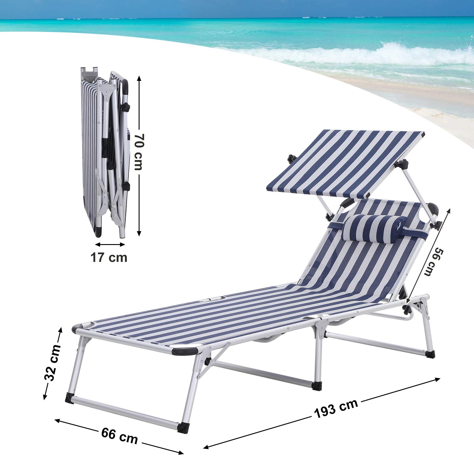 SONGMICS Sonnenliege aus Aluminium, klappbarer Liegestuhl, 193 x 67 x 32 cm, 250 kg max. statische Belastbarkeit, Kunstfasergewebe, Kopfkissen abnehmbar, Sonnendach verstellbar GCB19BU - obrazek 3