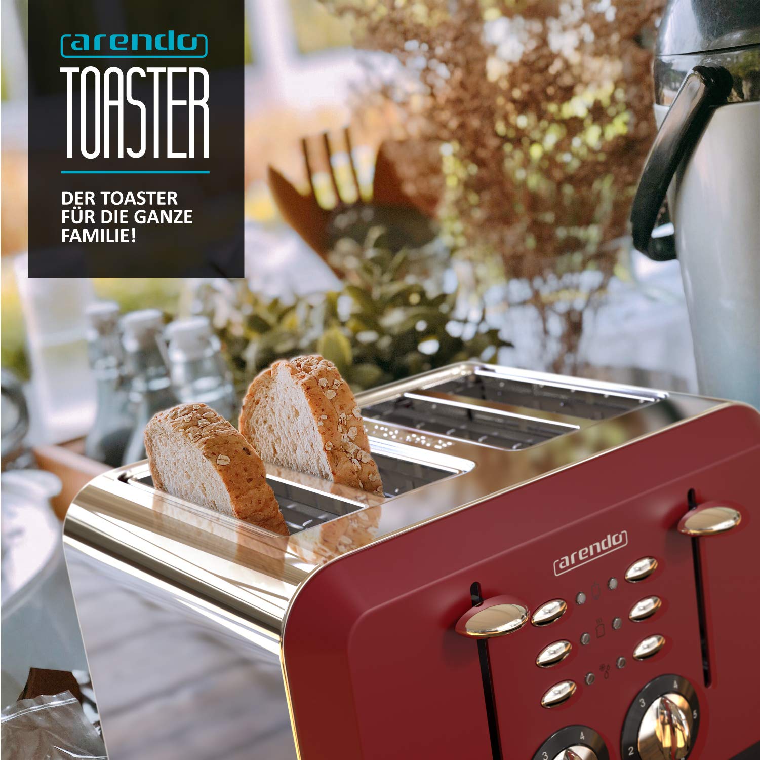 Arendo - Automatik Toaster 4 Scheiben | Edelstahlgehäuse | bis zu vier Sandwich und Toast-Scheiben | Bräunungsgrad 1-6 | Aufwärm- und Auftaufunktion | Krümelschublade | GS-zertifiziert | rot - obrazek 3