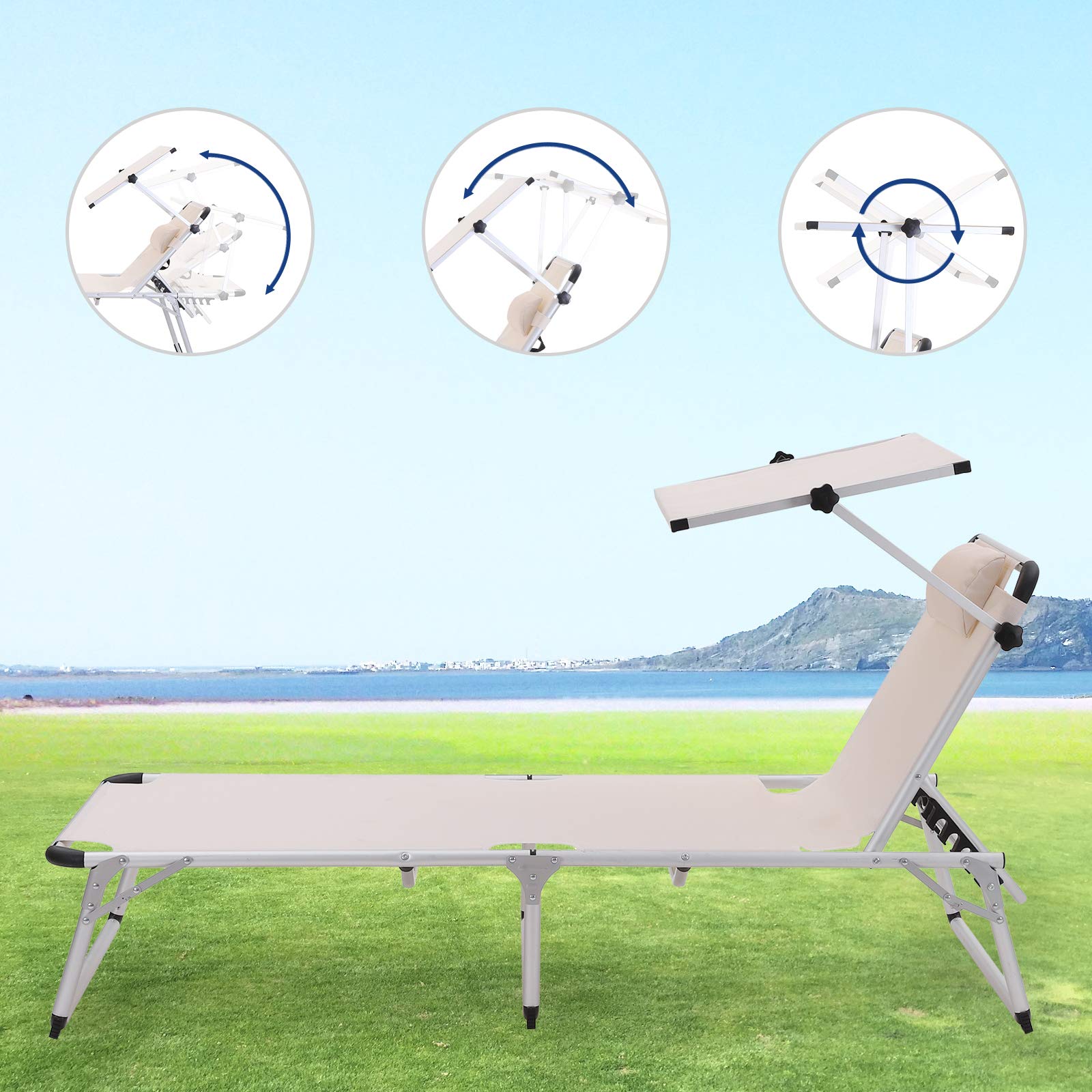 SONGMICS Sonnenliege aus Aluminium, klappbarer Liegestuhl, 193 x 67 x 32 cm, 250 kg max. statische Belastbarkeit, Kunstfasergewebe, Kopfkissen abnehmbar, Sonnendach verstellbar GCB19BEV2 - obrazek 7