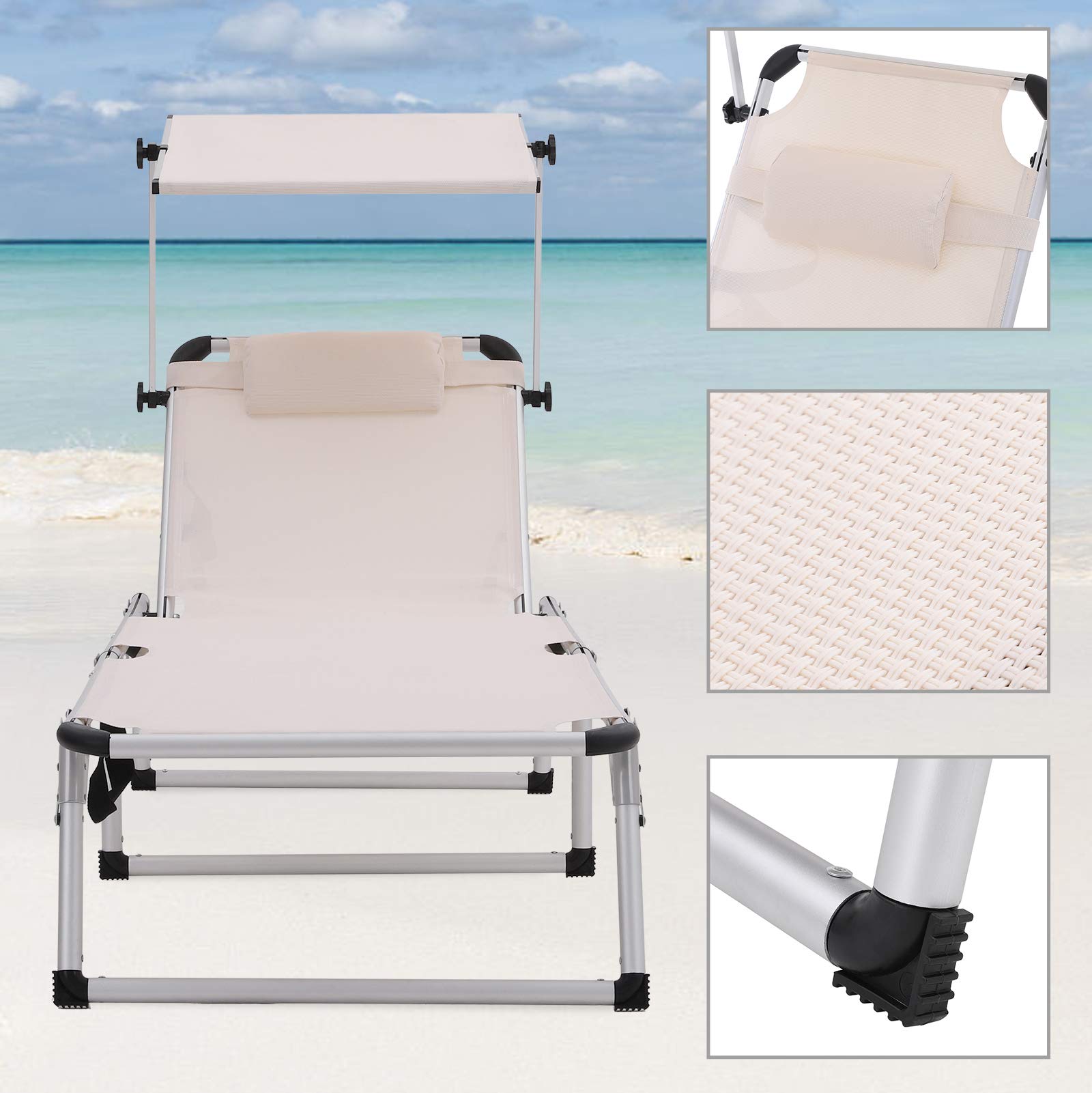 SONGMICS Sonnenliege aus Aluminium, klappbarer Liegestuhl, 193 x 67 x 32 cm, 250 kg max. statische Belastbarkeit, Kunstfasergewebe, Kopfkissen abnehmbar, Sonnendach verstellbar GCB19BEV2 - obrazek 6