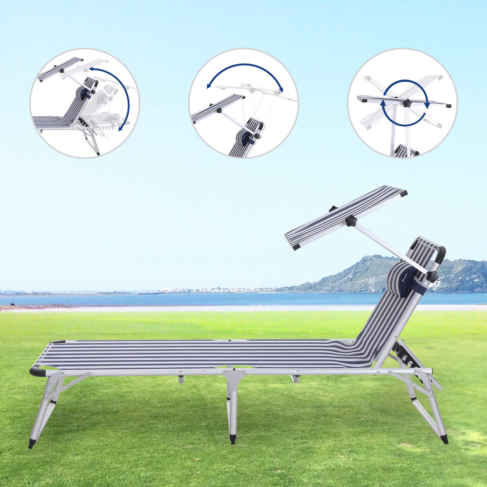 SONGMICS Sonnenliege aus Aluminium, klappbarer Liegestuhl, 193 x 67 x 32 cm, 250 kg max. statische Belastbarkeit, Kunstfasergewebe, Kopfkissen abnehmbar, Sonnendach verstellbar GCB19BU - obrazek 5