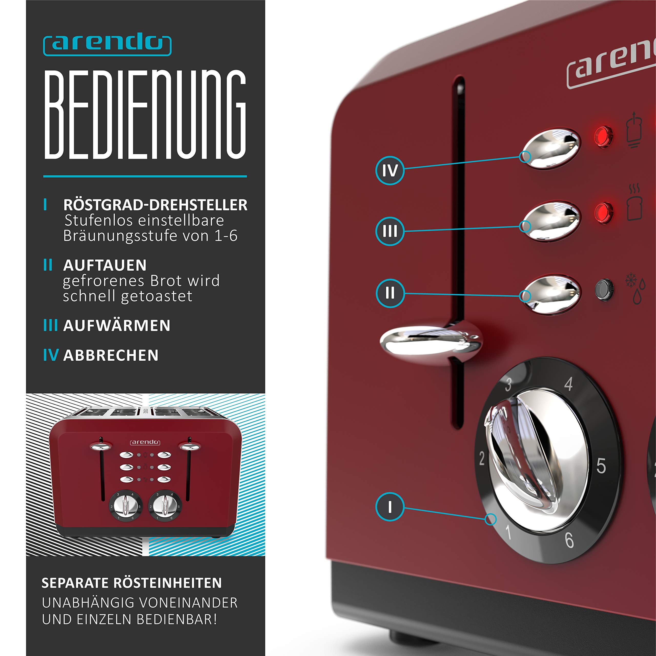 Arendo - Automatik Toaster 4 Scheiben | Edelstahlgehäuse | bis zu vier Sandwich und Toast-Scheiben | Bräunungsgrad 1-6 | Aufwärm- und Auftaufunktion | Krümelschublade | GS-zertifiziert | rot - obrazek 5