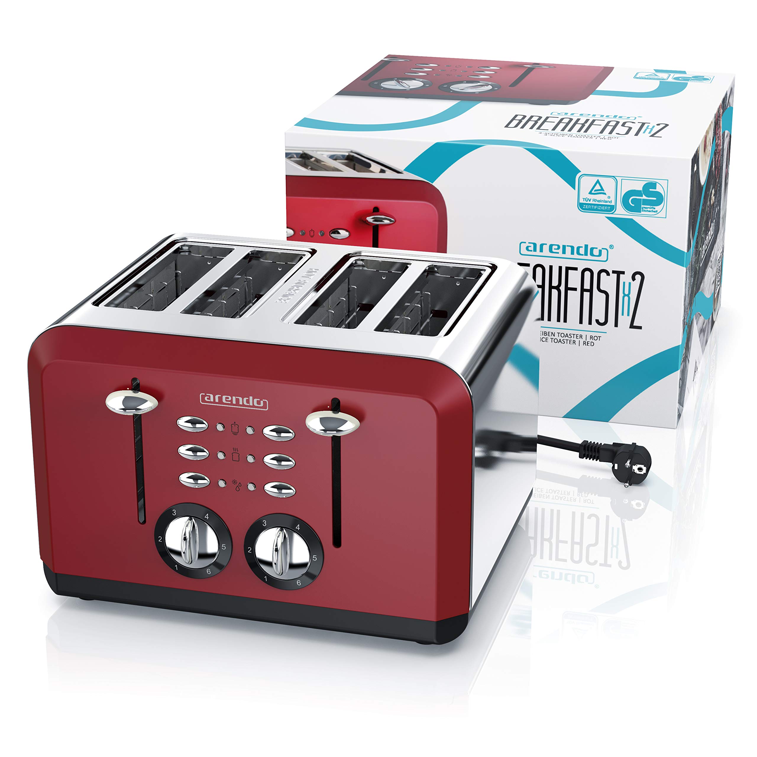 Arendo - Automatik Toaster 4 Scheiben | Edelstahlgehäuse | bis zu vier Sandwich und Toast-Scheiben | Bräunungsgrad 1-6 | Aufwärm- und Auftaufunktion | Krümelschublade | GS-zertifiziert | rot - obrazek 2
