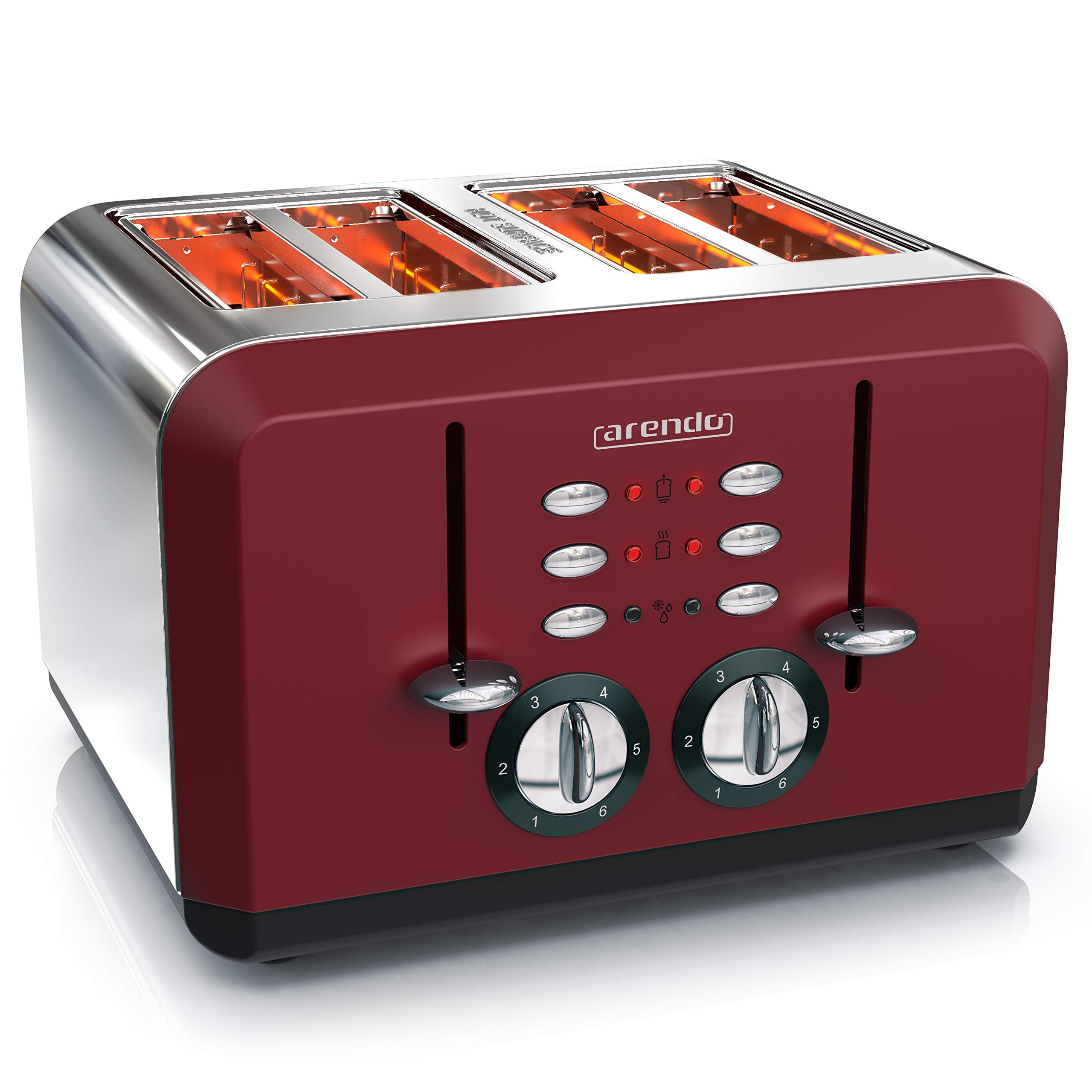 Arendo - Automatik Toaster 4 Scheiben | Edelstahlgehäuse | bis zu vier Sandwich und Toast-Scheiben | Bräunungsgrad 1-6 | Aufwärm- und Auftaufunktion | Krümelschublade | GS-zertifiziert | rot