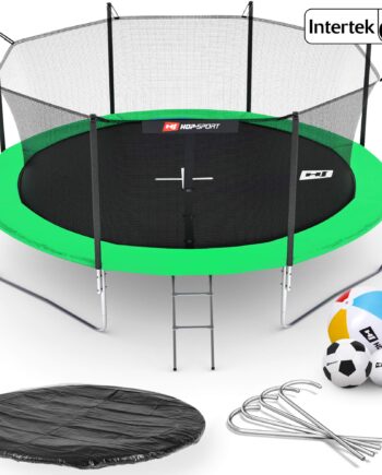 Hop-Sport Gartentrampolin Outdoor Trampolin 244, 305, 366, 430, 490 cm Komplettset inkl. Innennetz Leiter Wetterplane Bodenhaken grün (430 cm)