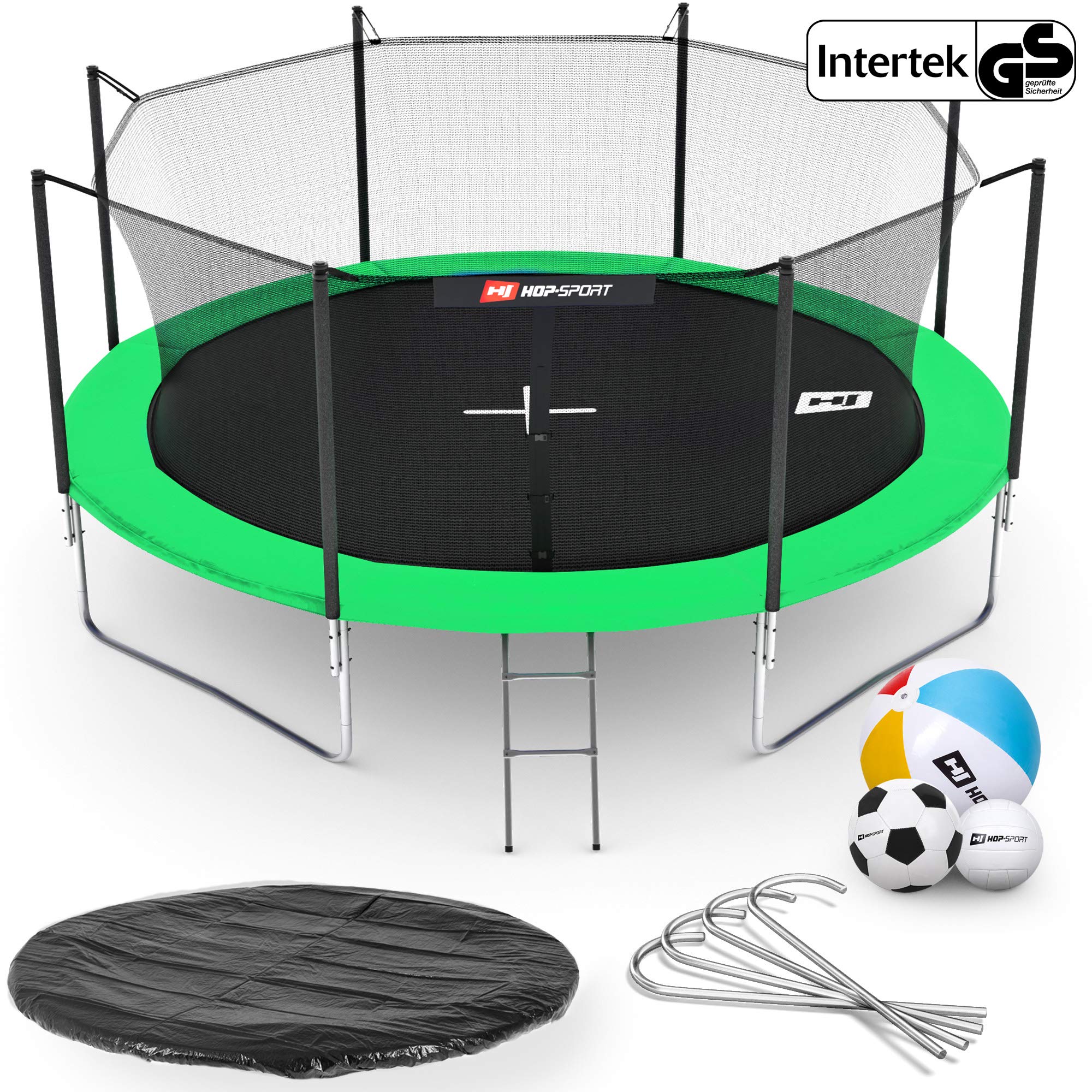 Hop-Sport Gartentrampolin Outdoor Trampolin 244, 305, 366, 430, 490 cm Komplettset inkl. Innennetz Leiter Wetterplane Bodenhaken grün (430 cm)