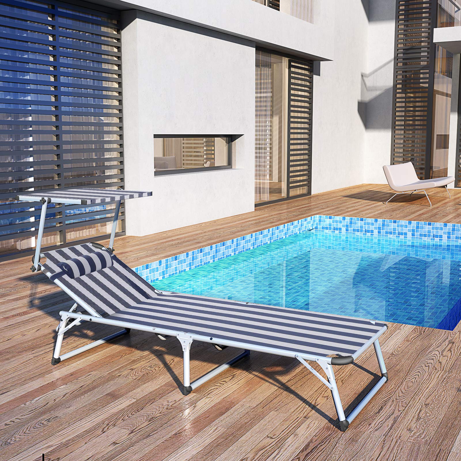 SONGMICS Sonnenliege aus Aluminium, klappbarer Liegestuhl, 193 x 67 x 32 cm, 250 kg max. statische Belastbarkeit, Kunstfasergewebe, Kopfkissen abnehmbar, Sonnendach verstellbar GCB19BU - obrazek 6