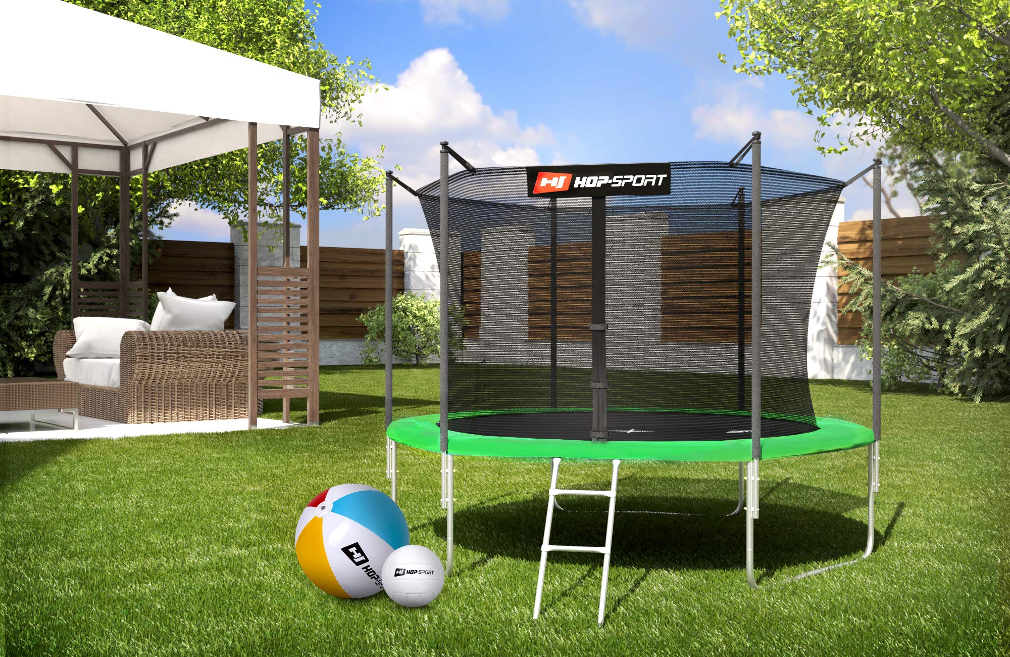 Hop-Sport Gartentrampolin Outdoor Trampolin 244, 305, 366, 430, 490 cm Komplettset inkl. Innennetz Leiter Wetterplane Bodenhaken grün (305 cm) - obrazek 5