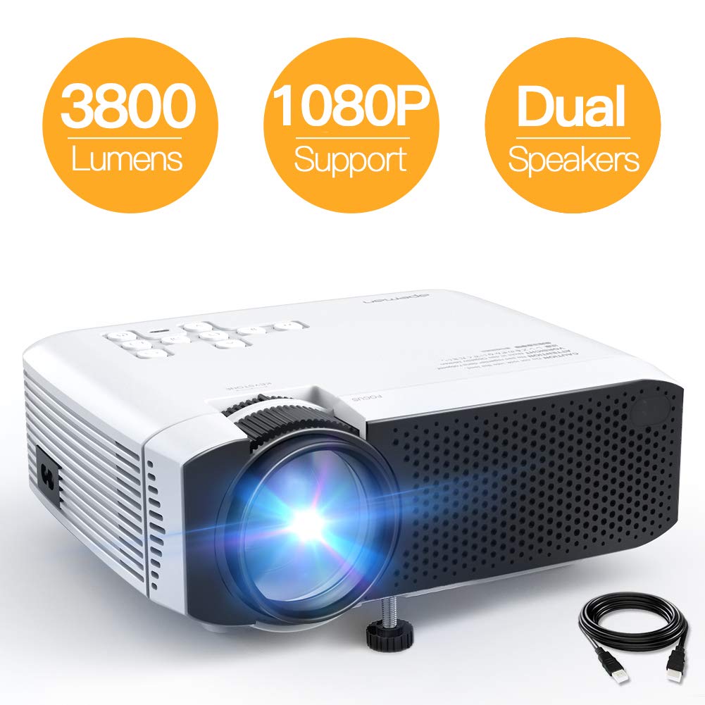 Beamer APEMAN Mini Beamer 3800 Lumen 1080P Full HD Unterstützt Aktualisierte Tragbar Projektor LED 45000 Stunden Heimkino Sport HDMI/TF/USB TV Box/Chromecast iOS/Android Handybeamer Mehrweg