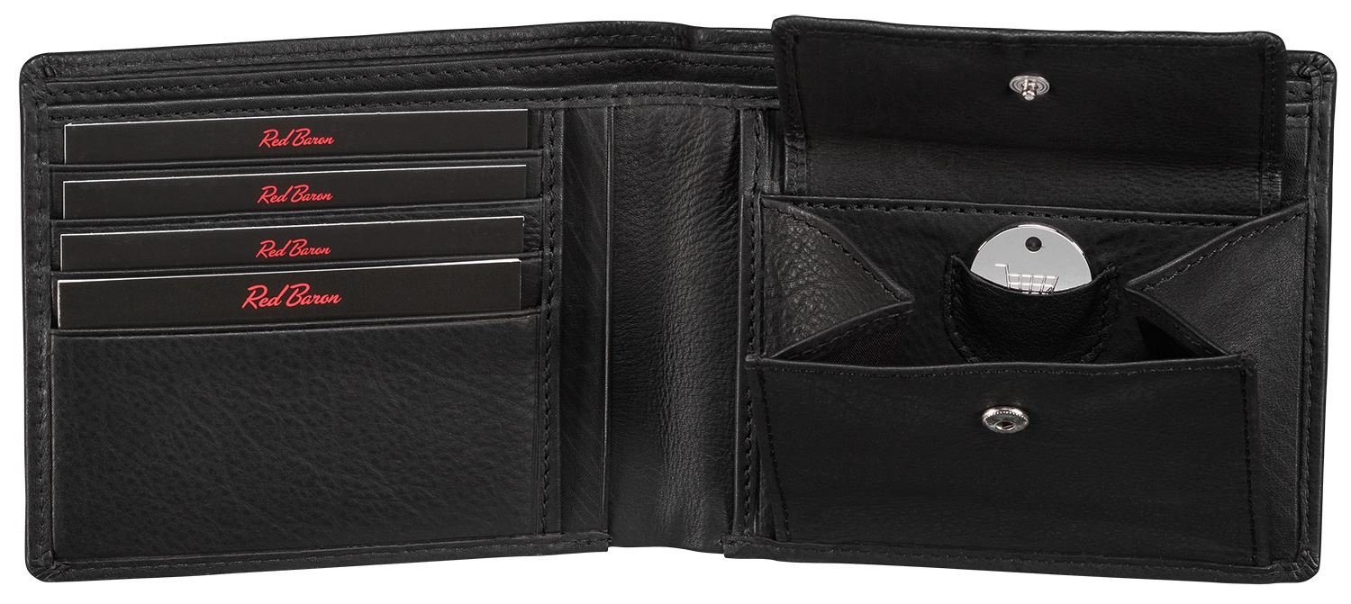 Red Baron Herren Geldbeutel aus echtem Leder mit Münzfach im Querformat Schwarz matt - Männer Geldbörse Portemonnaie - Brieftasche mit Fach für Einkaufswagenchip RB-WT-004-01 - obrazek 3