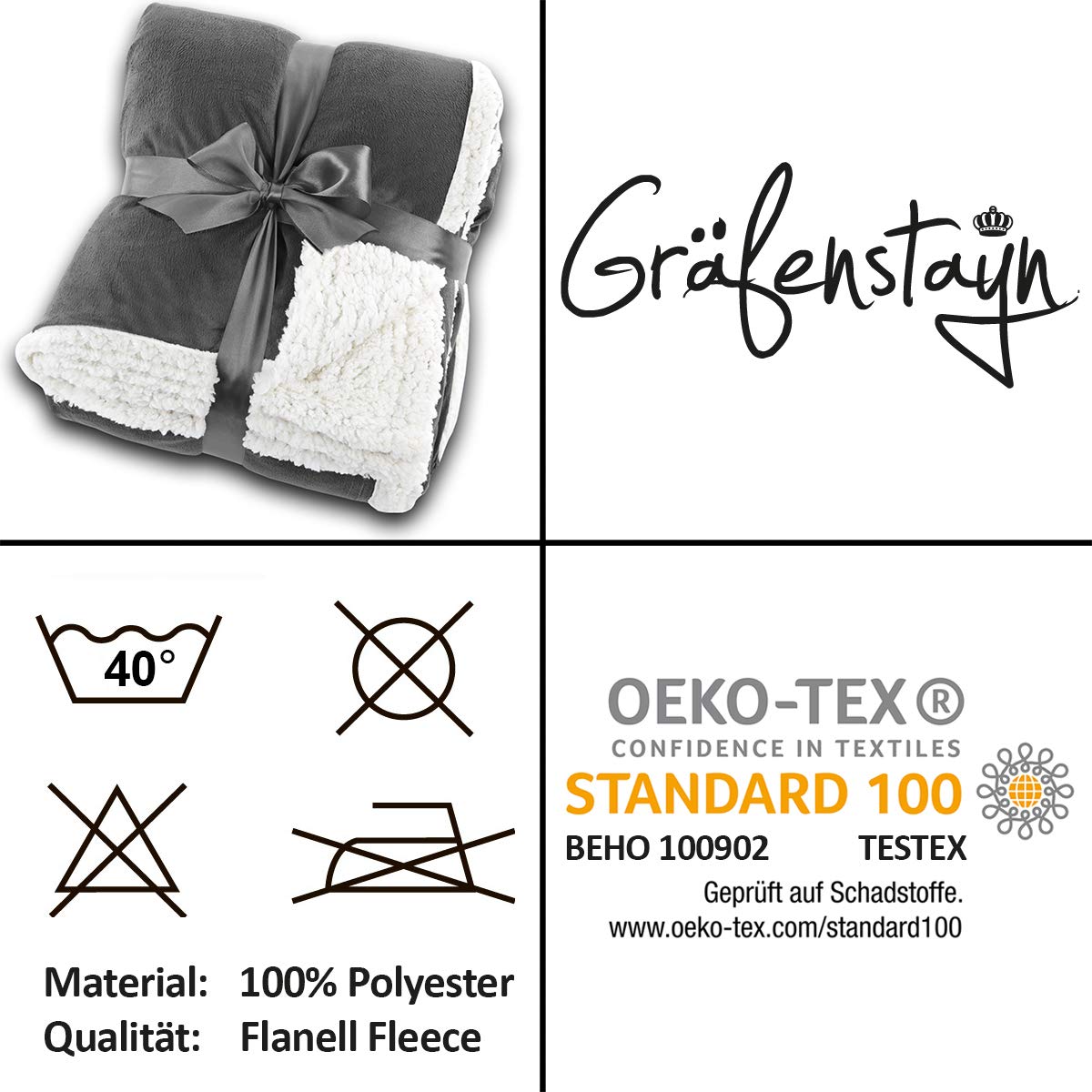 Gräfenstayn® Kuscheldecke in Lammfell-Optik - verschiedene Größen und Farben - Tagesdecke - Flanell Mikrofaser-Flausch - mit Öko-Tex Siegel "geprüftes Vertrauen" (Anthrazit, 240x220 cm) - obrazek 2