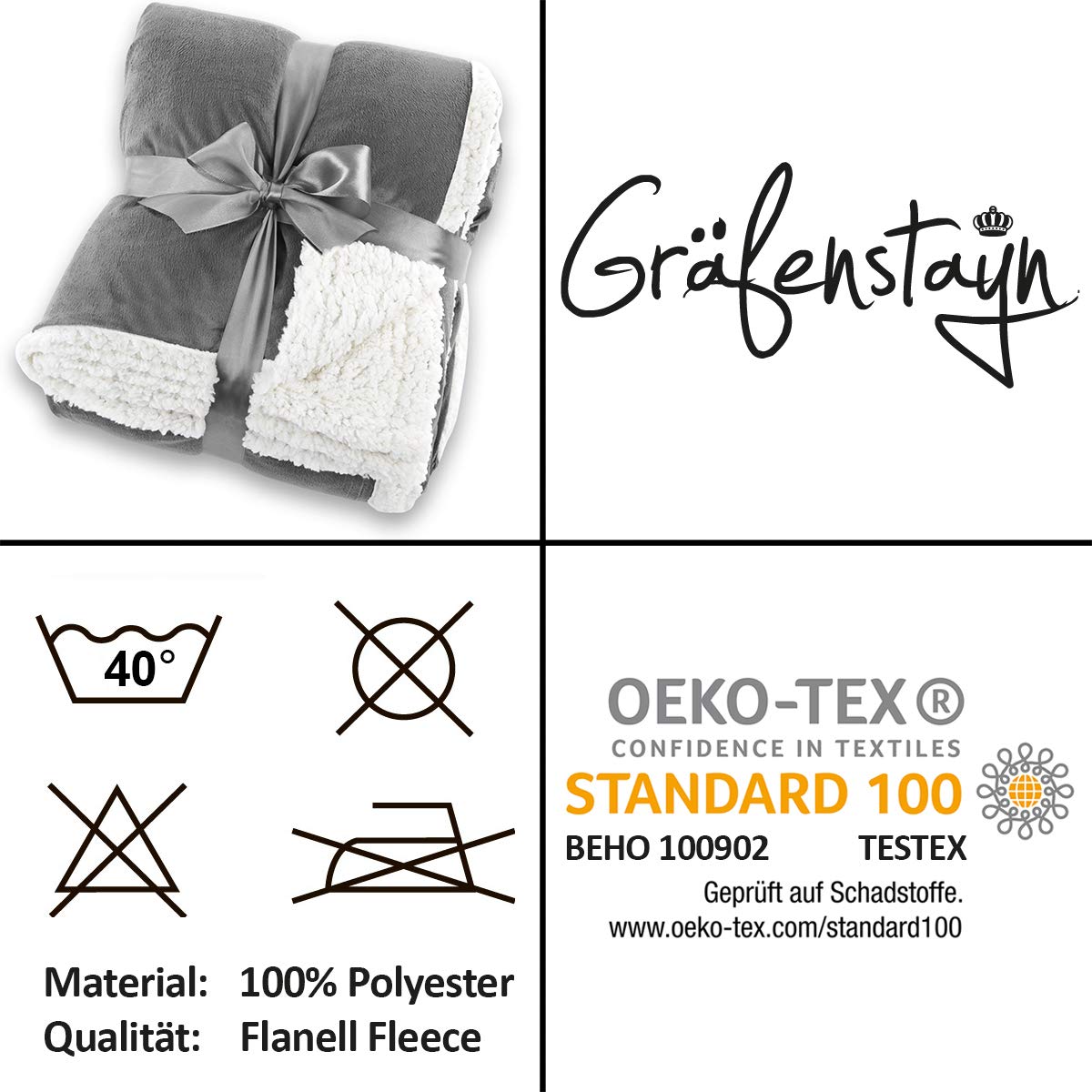 Gräfenstayn® Kuscheldecke in Lammfell-Optik - verschiedene Größen und Farben - Tagesdecke - Flanell Mikrofaser-Flausch - mit Öko-Tex Siegel "geprüftes Vertrauen" (Grau, 240x220 cm) - obrazek 2