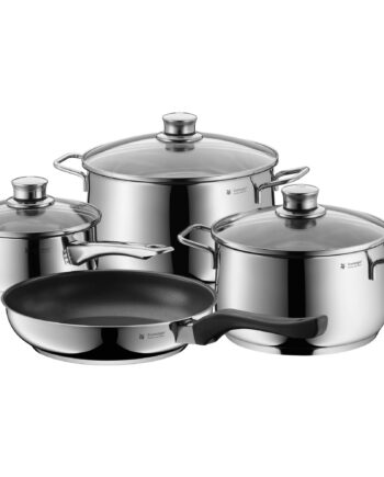 WMF Diadem Plus Topfset 4-teilig mit Glasdeckel, Kochtopf, Stielkasserolle, Pfanne beschichtet, Cromargan Edelstahl poliert, induktionsgeeignet, spülmaschinengeeignet