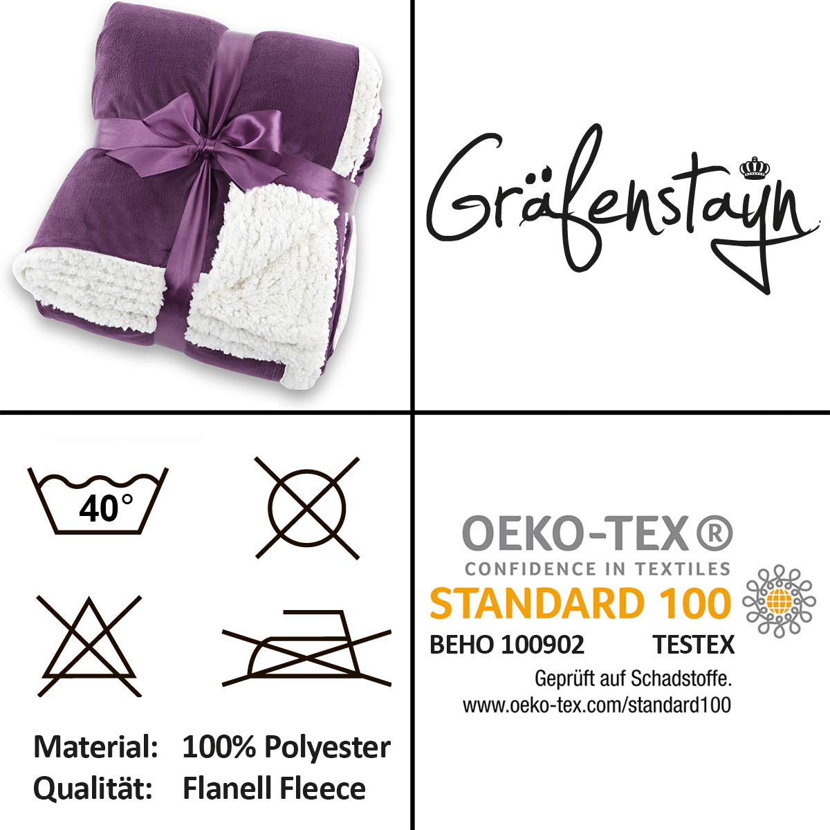 Gräfenstayn® Kuscheldecke in Lammfell-Optik - verschiedene Größen und Farben - Tagesdecke - Flanell Mikrofaser-Flausch - mit Öko-Tex Siegel "geprüftes Vertrauen" (Lila, 240x220 cm) - obrazek 2