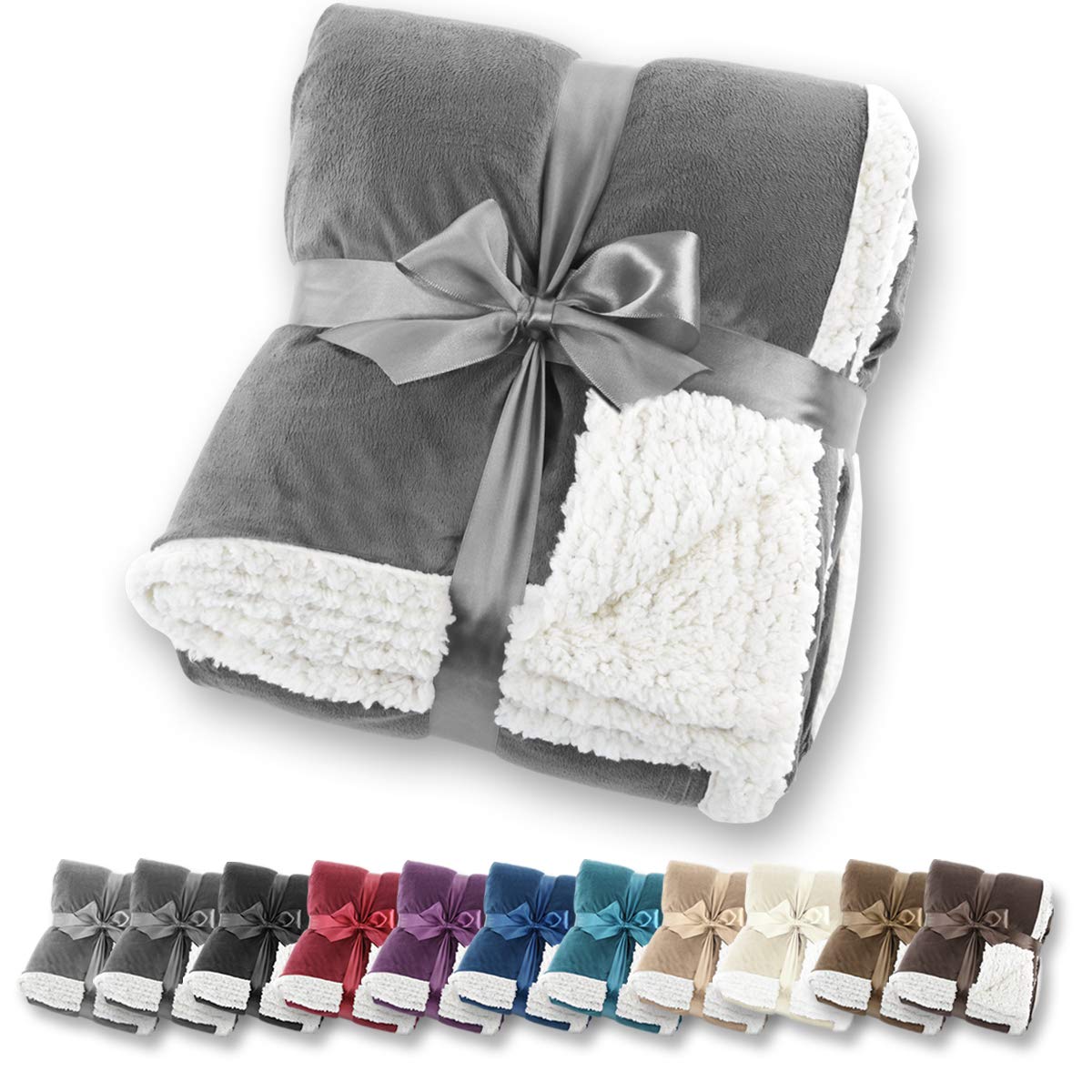 Gräfenstayn® Kuscheldecke in Lammfell-Optik - verschiedene Größen und Farben - Tagesdecke - Flanell Mikrofaser-Flausch - mit Öko-Tex Siegel "geprüftes Vertrauen" (Grau, 240x220 cm)