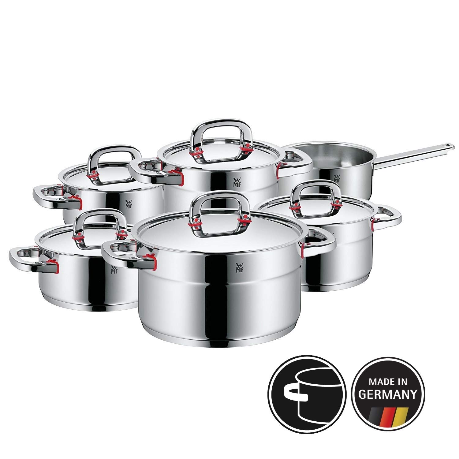 WMF Premium One Topfset, 6-teilig, Metalldeckel mit Dampföffnung, Kochtopf, Stielkasserolle, Cromargan Edelstahl poliert, Induktion, Kaltgriffe, Innenskalierung