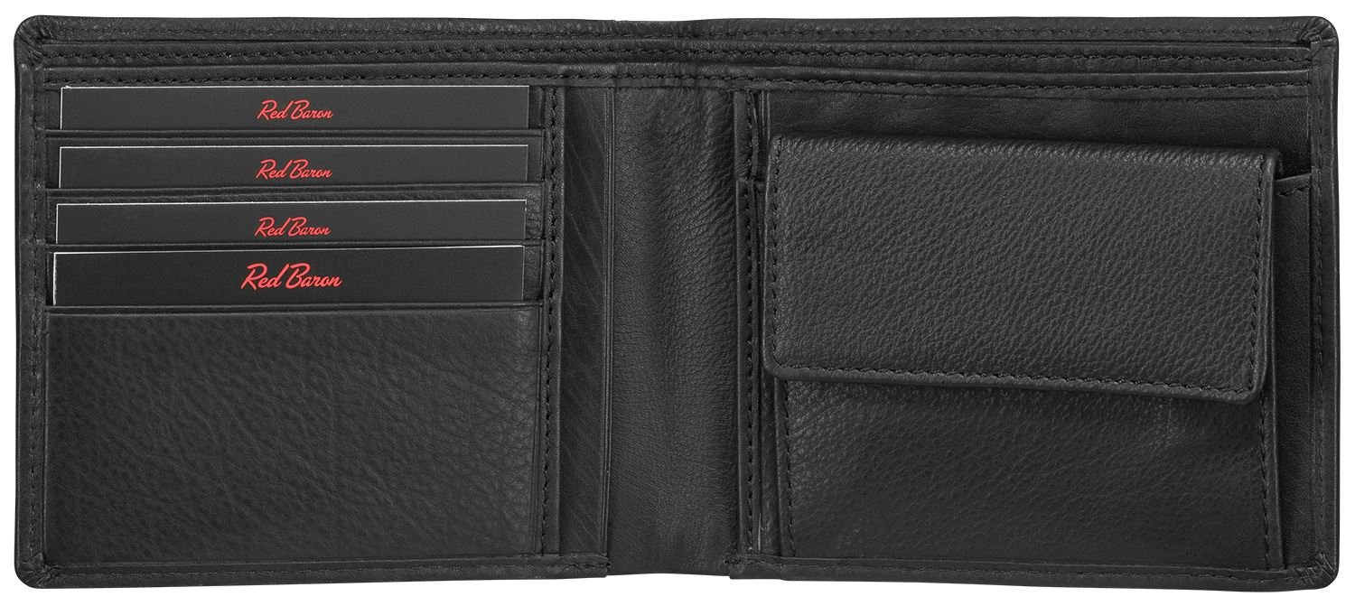 Red Baron Herren Geldbeutel aus echtem Leder mit Münzfach im Querformat Schwarz matt - Männer Geldbörse Portemonnaie - Brieftasche mit Fach für Einkaufswagenchip RB-WT-004-01 - obrazek 4