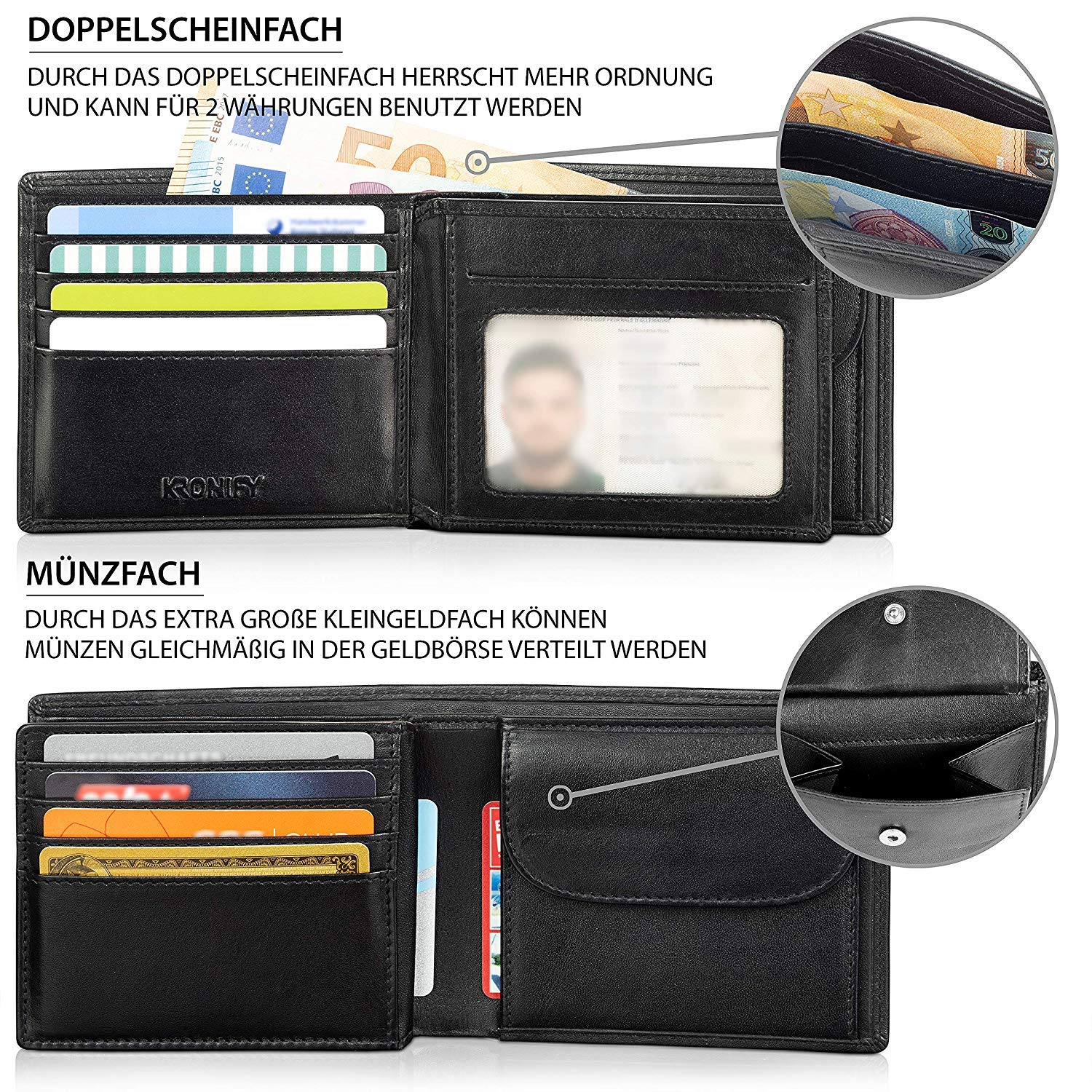 KRONIFY Geldbörse Herren Zeus - TÜV geprüfter RFID Schutz I Leder Portemonnaie Schwarz I Portmonaise mit Geschenk Box I Geldbeutel für Männer - obrazek 4