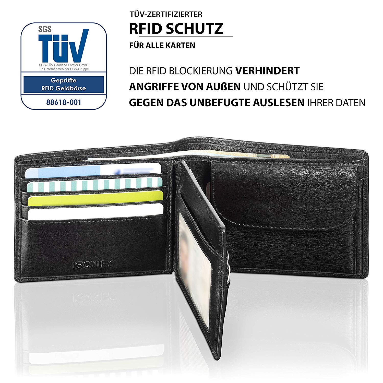 KRONIFY Geldbörse Herren Zeus - TÜV geprüfter RFID Schutz I Leder Portemonnaie Schwarz I Portmonaise mit Geschenk Box I Geldbeutel für Männer - obrazek 6