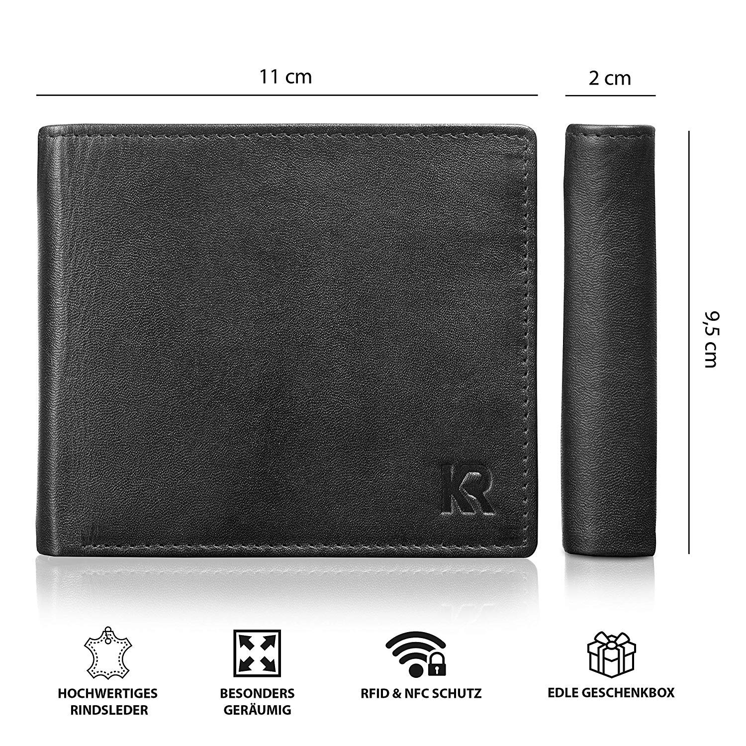 KRONIFY Geldbörse Herren Zeus - TÜV geprüfter RFID Schutz I Leder Portemonnaie Schwarz I Portmonaise mit Geschenk Box I Geldbeutel für Männer - obrazek 3