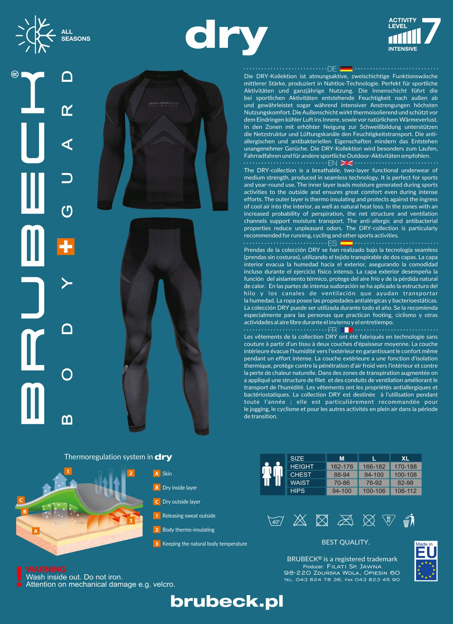 BRUBECK Dry Damen Herren Funktionsunterwäsche Lang | Ski | Motorrad | Snowboard | Radsport LS10180 + LE10160 | L | 04.Dry - Nero Absoluto - obrazek 3