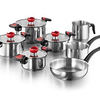 Kopf Topfset Nelo aus Edelstahl - Induktionstöpfe mit intelligenter Abgießhilfe und Glasdeckel – 11-teilig