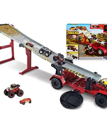 Hot Wheels GFR15 - Monster Trucks riesige 2 in 1 Crashrennen Transporter Truck und Rennbahn 1,2 m lang, Spielzeug ab 4 Jahren