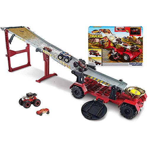 Hot Wheels GFR15 - Monster Trucks riesige 2 in 1 Crashrennen Transporter Truck und Rennbahn 1,2 m lang, Spielzeug ab 4 Jahren