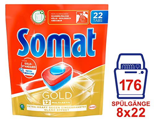 Somat Spülmaschinen-Tabs 12 Gold, Jahresvorrat, Multi-Aktiv, Extra-Kraft gegen Eingebranntes, Glanz-Effekt, 176 (8 x 22) Tabs
