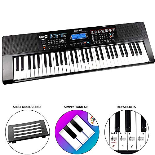 RockJam RJ461AX 61-Tasten-Alexa-tragbare digitale Klaviertastatur mit Notenständer, Netzteil, Simply Piano App und Note Key-Aufklebern, mit Alexa-Integration
