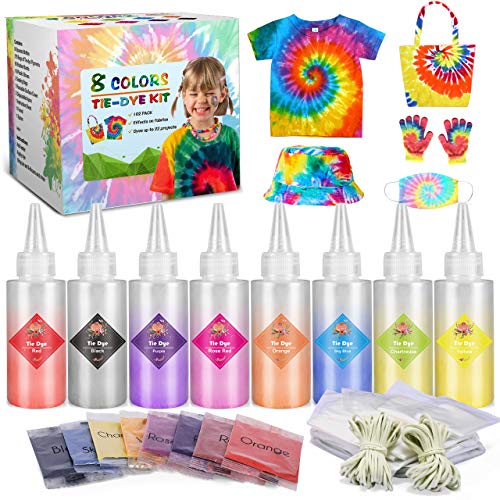 Emooqi Tie Dye Kit, 8 Textilfarben Set Farbstoff mit Gummibänder & Handschuhe usw, Batikfarben Stofffärben Set Krawattefärben Kit für Erwachsene & Kinder, Ungiftig DIY Set