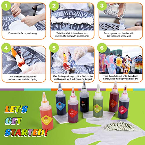 Emooqi Tie Dye Kit, 8 Textilfarben Set Farbstoff mit Gummibänder & Handschuhe usw, Batikfarben Stofffärben Set Krawattefärben Kit für Erwachsene & Kinder, Ungiftig DIY Set - obrazek 7