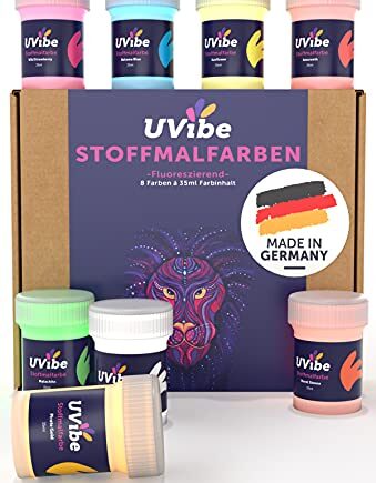 Fluoreszierende Stoffmalfarbe - 8x Knallige UV Farbe für Leuchtend Coole T-Shirts und weitere Textilien MADE IN GERMANY - Neon Farbe strahlt Tag und Nacht - Waschfeste Schwarzlicht Farbe von UVibe