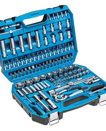 Högert Werkzeugset Werkzeugkoffer – Werkzeugsatz Werkzeug Tools Steckschlüsselsatz Schraubendreher Ratsche – Schwarz-blau, 1/4″, 1/2″, HT1R432, 112-tlg