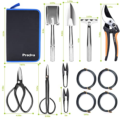 Preciva Bonsai Werkzeug, Gartengeräte Set 13 in 1 inkl. Gartenschere Set Mini Schaufel Harke Set Bonsai Trainingsdraht mit Aufbewahrungstasche für Bonsai Gartenarbeit Bonsai Starter Werkzeuge Set - obrazek 7