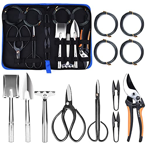 Preciva Bonsai Werkzeug, Gartengeräte Set 13 in 1 inkl. Gartenschere Set Mini Schaufel Harke Set Bonsai Trainingsdraht mit Aufbewahrungstasche für Bonsai Gartenarbeit Bonsai Starter Werkzeuge Set
