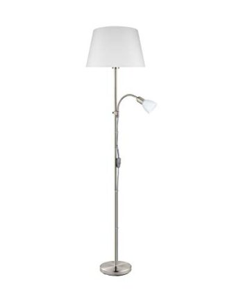 EGLO Stehlampe Conesa, 2 flammige Stehleuchte, Standleuchte aus Metall in Nickel-Matt, Textil in Weiß, und Glas, Wohnzimmerlampe, Deckenfluter mit Leselampe, E27, E14