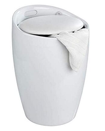 WENKO Badhocker Candy Weiß, schöne Sitzgelegenheit, Hocker mit Stauraum für das Badezimmer und Wohnzimmer, integrierter Wäschesammler, ABS-Kunststoff, BPA-frei, Fassungsvermögen 20 L, Ø 36 x 50,5 cm