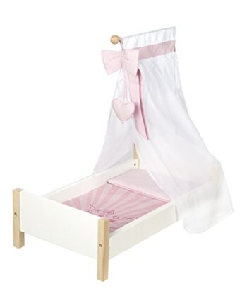 roba Puppenbett aus Puppenmöbel Serie „Scarlett“, Puppenzubehör weiß lackiert, inkl. textiler Ausstattung, Bettwäsche und Himmel rosa