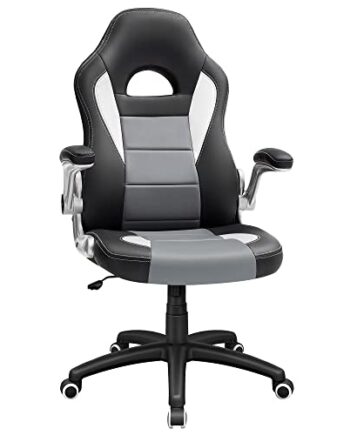 SONGMICS Gamingstuhl, Racing Chair, Schreibtischstuhl mit hoher Rückenlehne, Bürostuhl, höhenverstellbar, hochklappbare Armlehnen, Wippfunktion, für Gamer, schwarz-grau-weiß OBG28G
