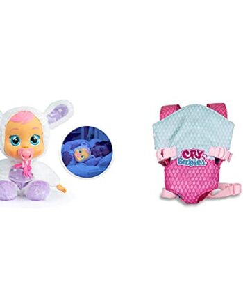 CRY BABIES 93140 Schlaf schön Coney - interaktive Puppe, ab 18 Monaten & 90019IM Babytrage | Puppentrage, tragbar Vorne und Hinten, Tragesitz; Puppenzubehör | ab 3 Jahren
