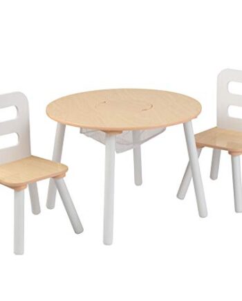KidKraft 27027 Runder Holztisch mit Aufbewahrungsfach und 2 Stühlen in Naturfarben & Weiß - Kinderzimmermöbel