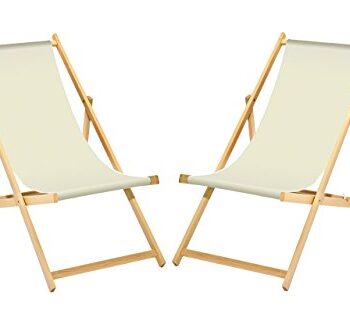 MultiBrands 2 x Liegestuhl, Holz, Weiß ohne Armlehne, klappbar, mit wechselbaren Stoffbezug