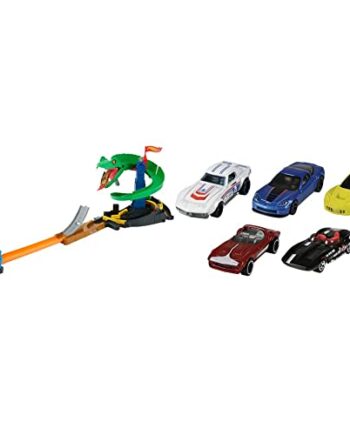 Hot Wheels FNB20 - City Kobra Angriff Set, großes Spielset mit Schlange inkl. 1 Spielzeugauto, und Starter, ab 4 Jahren & Wheels 01806 5er Pack 1:64 Die-Cast Fahrzeuge Geschenkset