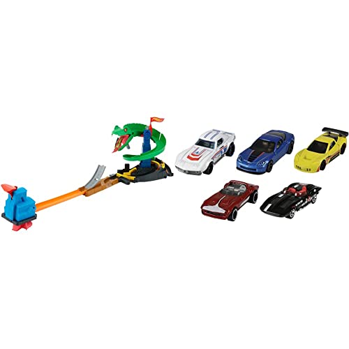 Hot Wheels FNB20 - City Kobra Angriff Set, großes Spielset mit Schlange inkl. 1 Spielzeugauto, und Starter, ab 4 Jahren & Wheels 01806 5er Pack 1:64 Die-Cast Fahrzeuge Geschenkset